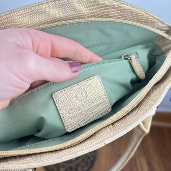 Cole Haan Buckle Canvas Tan and Gold Lizard Skin Embossed Leather Shoulder Bag - Picture 8 of 16